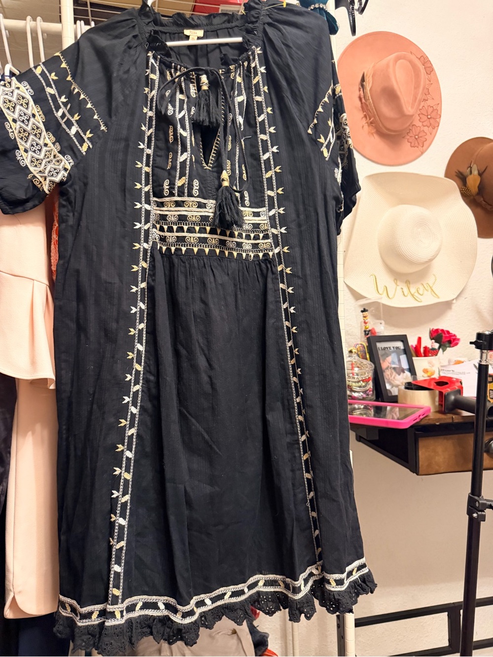 Reba Black Dress with Cream Embroidery and Tassel Tie - Picture 5 of 5